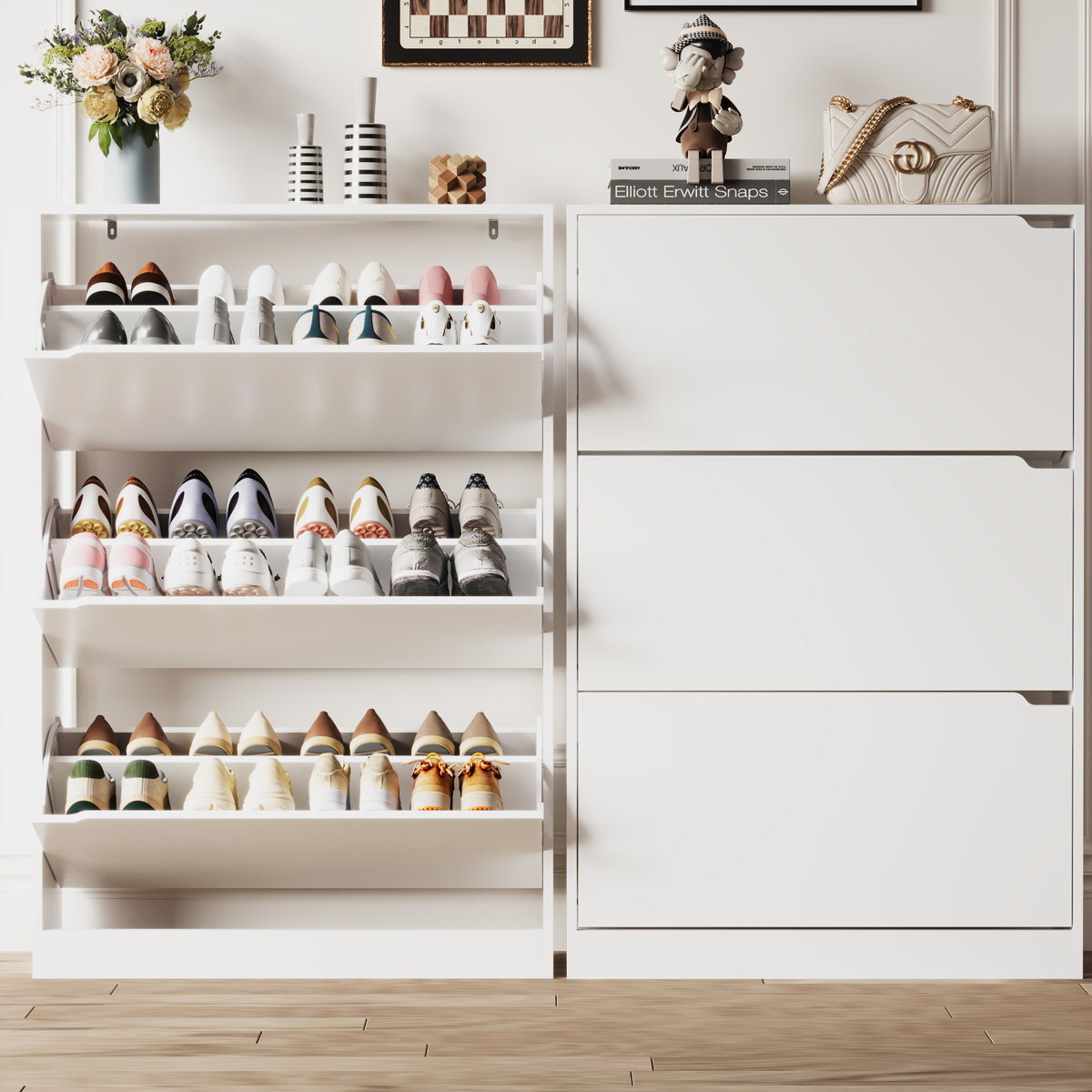 3-Tier Shoe Storage Cabinet with Flip Drawers, 16-20 Pair Free Standing Shoe Organizer 31.5''W for Entryway